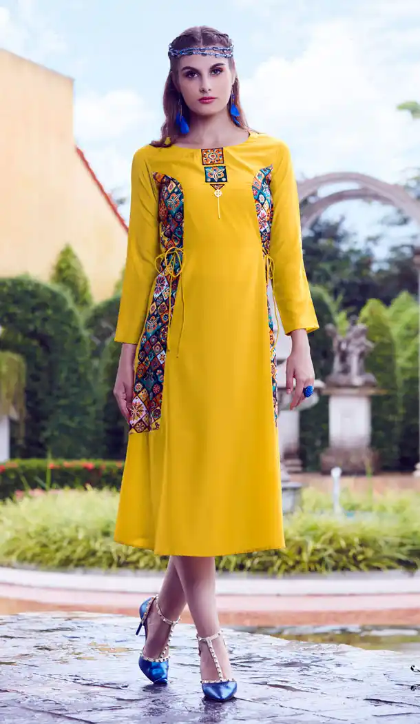 Yellow Color Mode Silk Party Wear Readymade Kurti - 497461070