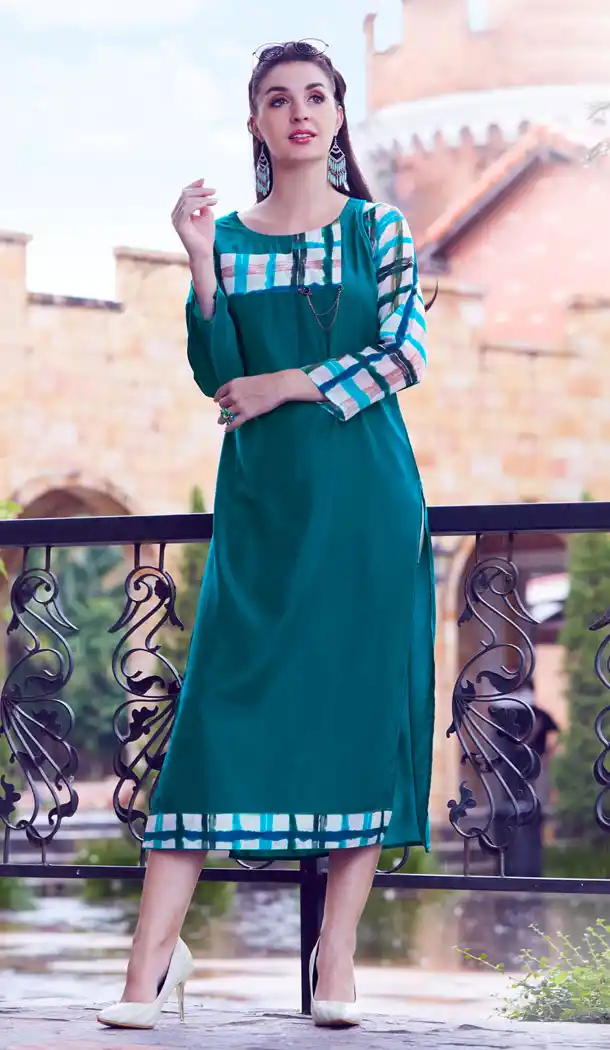 Steel Blue Color Mode Silk Party Wear Readymade Kurti - 497461073