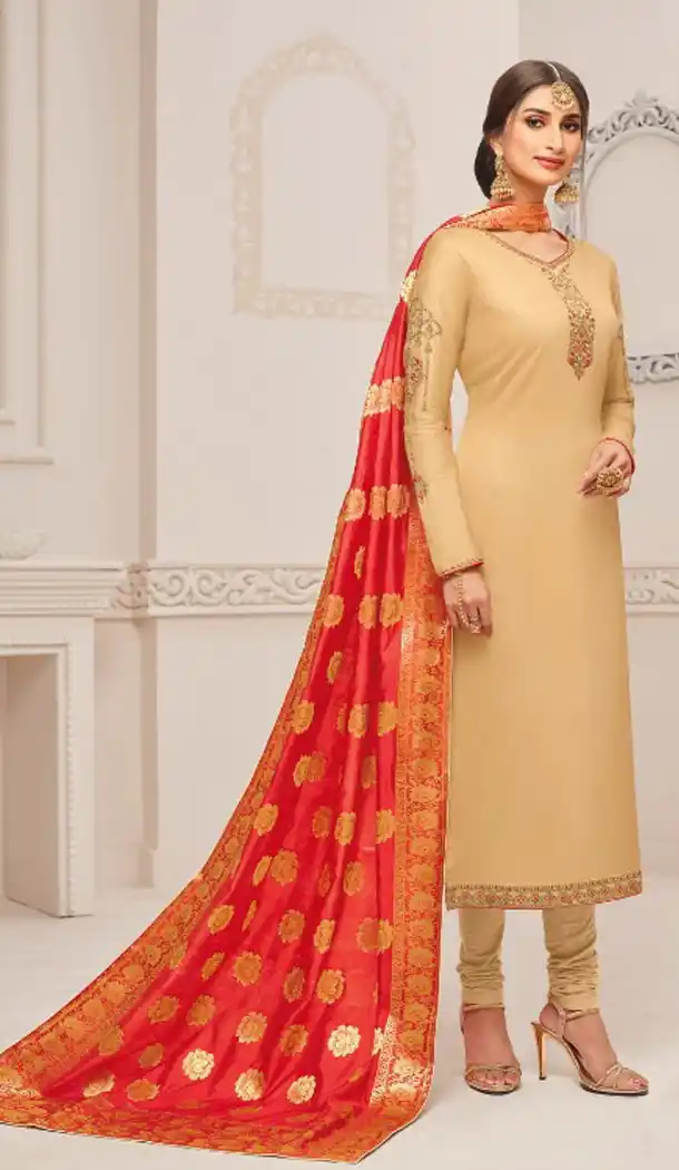 Cream Color Pure Cotton Jam Silk Evening Salwar Kameez With Banarasi Dupatta - 498061111