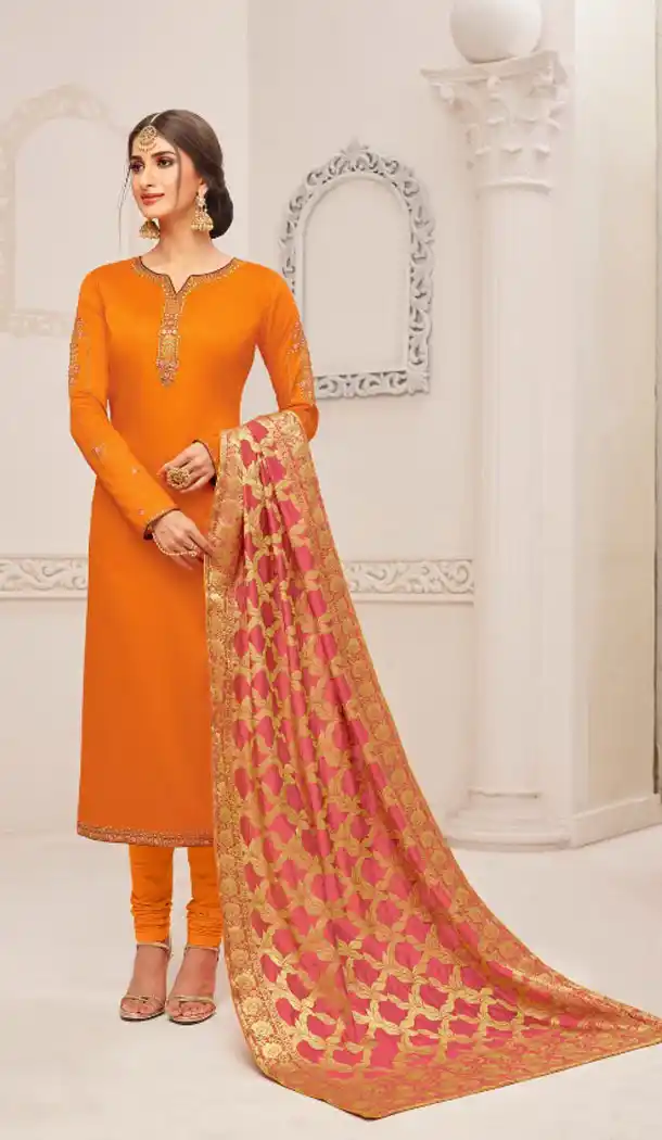 Orange Color Pure Cotton Jam Silk Evening Salwar Kameez With Banarasi Dupatta - 498061113