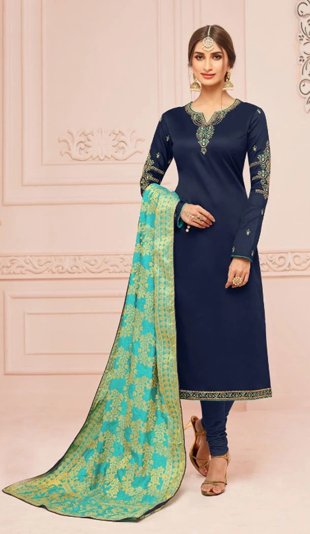 Dark Blue Color Pure Cotton Jam Silk Evening Salwar Kameez With Banarasi Dupatta - 498061118