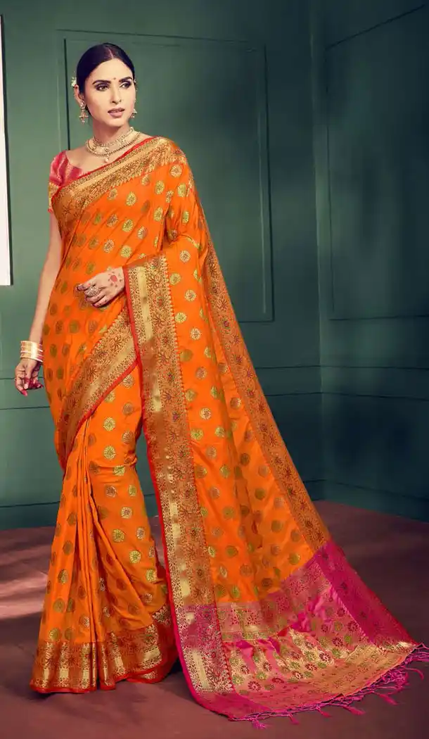 Unique Orange Color Kanchipuram Silk Traditional Plus Size Sarees - 496861019