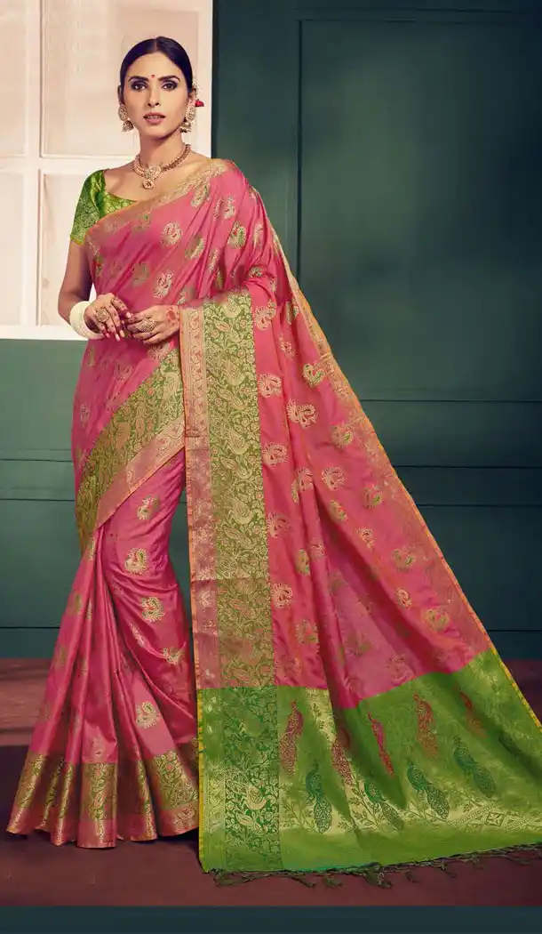 Pink And Green Color Kanchipuram Silk Traditional Plus Size Sarees - 496861022