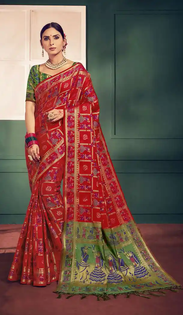 Red And Green Color Kanchipuram Silk Traditional Plus Size Sarees - 496861024
