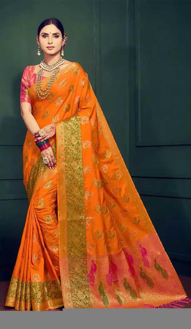 Orange Color Kanchipuram Silk Traditional Plus Size Sarees - 496861025