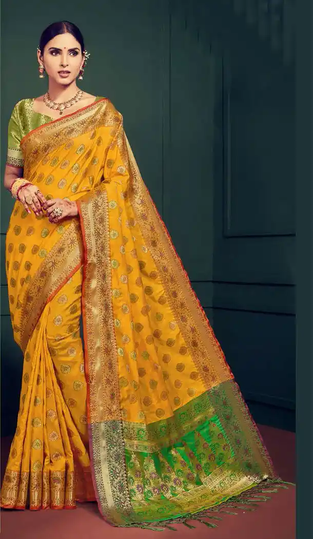 Yellow And Green Color Kanchipuram Silk Traditional Plus Size Sarees - 496861026