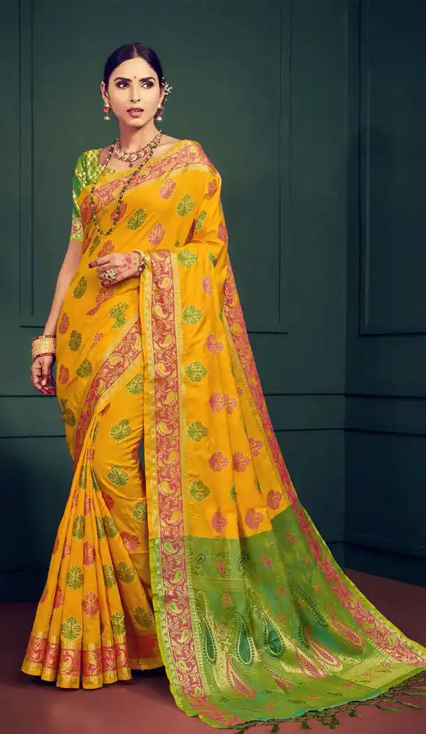 Fancy Yellow And Green Color Kanchipuram Silk Traditional Plus Size Sarees - 496861027