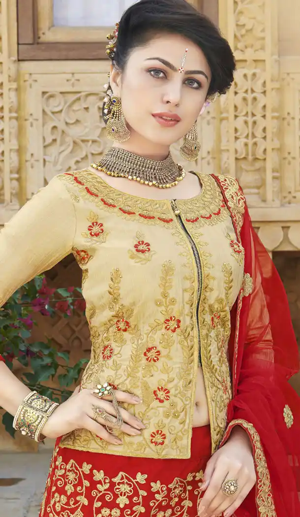 Red Color Silk Treditional Wear Lehenaga with Long Choli Blouse - 502361660