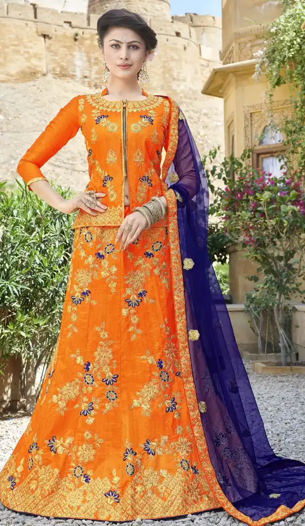 Orange Color Silk Treditional Wear Lehenaga with Long Choli Blouse - 502361661