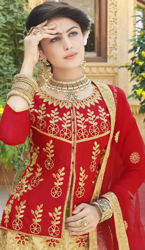 Beige Color Silk Treditional Wear Lehenaga with Long Choli Blouse - 502361663