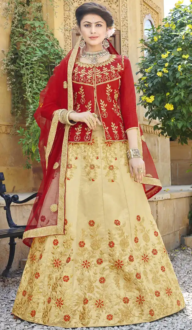 Beige Color Silk Treditional Wear Lehenaga with Long Choli Blouse - 502361663