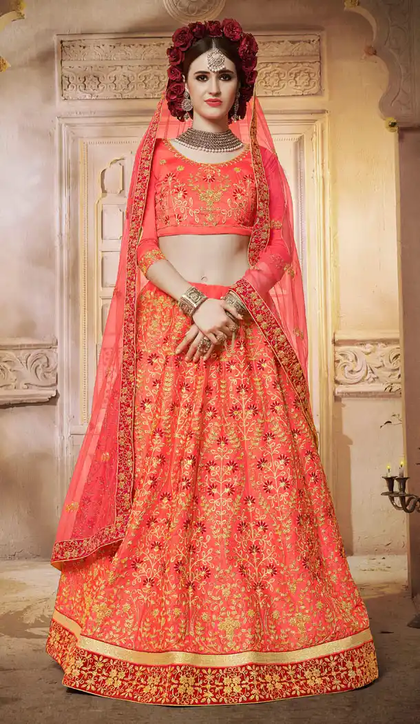 Coral Pink Color Satin Silk Treditional Party Wear Lehenaga Choli - 502461666