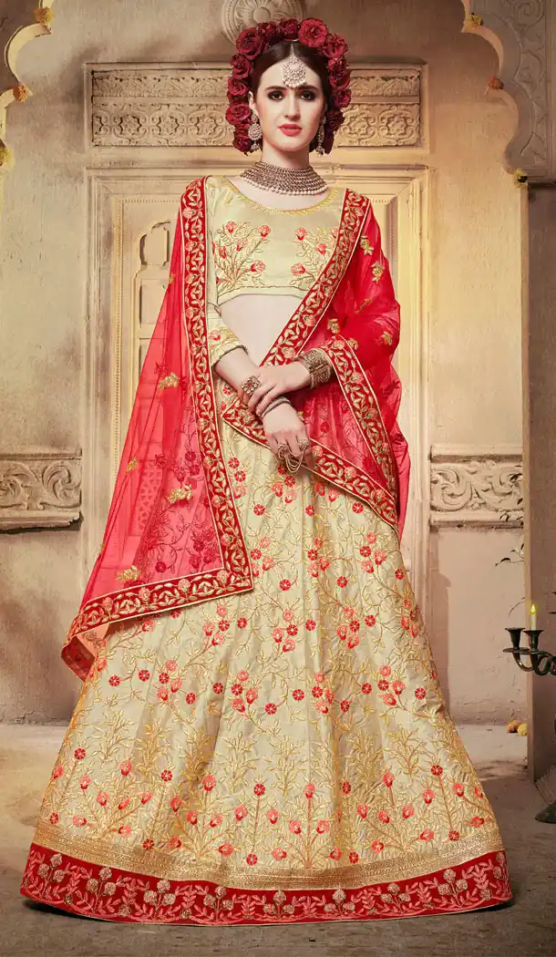 Cream Color Satin Silk Treditional Party Wear Lehenaga Choli - 502461668