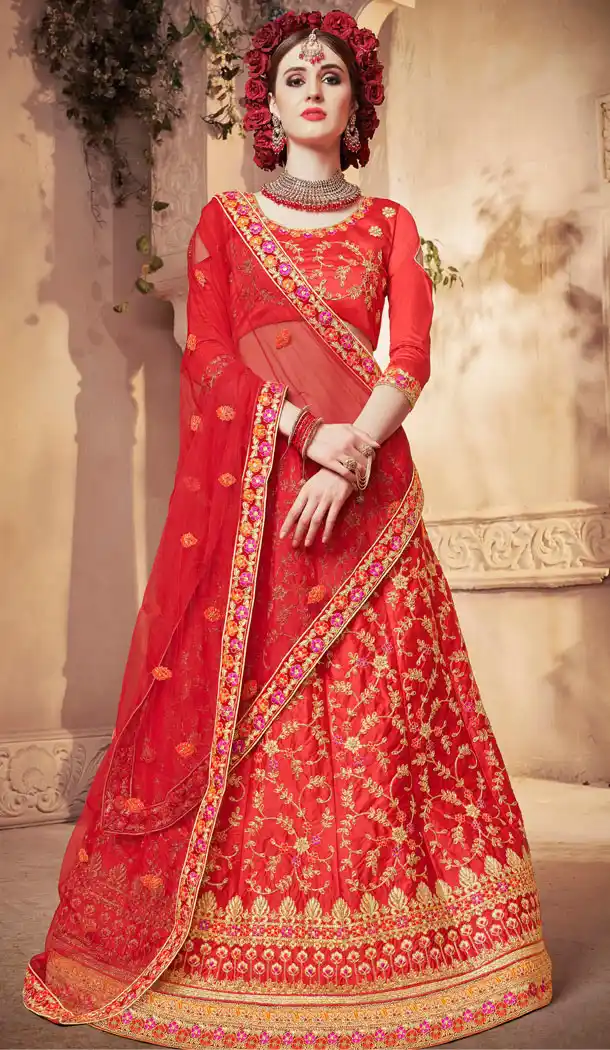 Red Color Satin Silk Treditional Party Wear Lehenaga Choli - 502461669