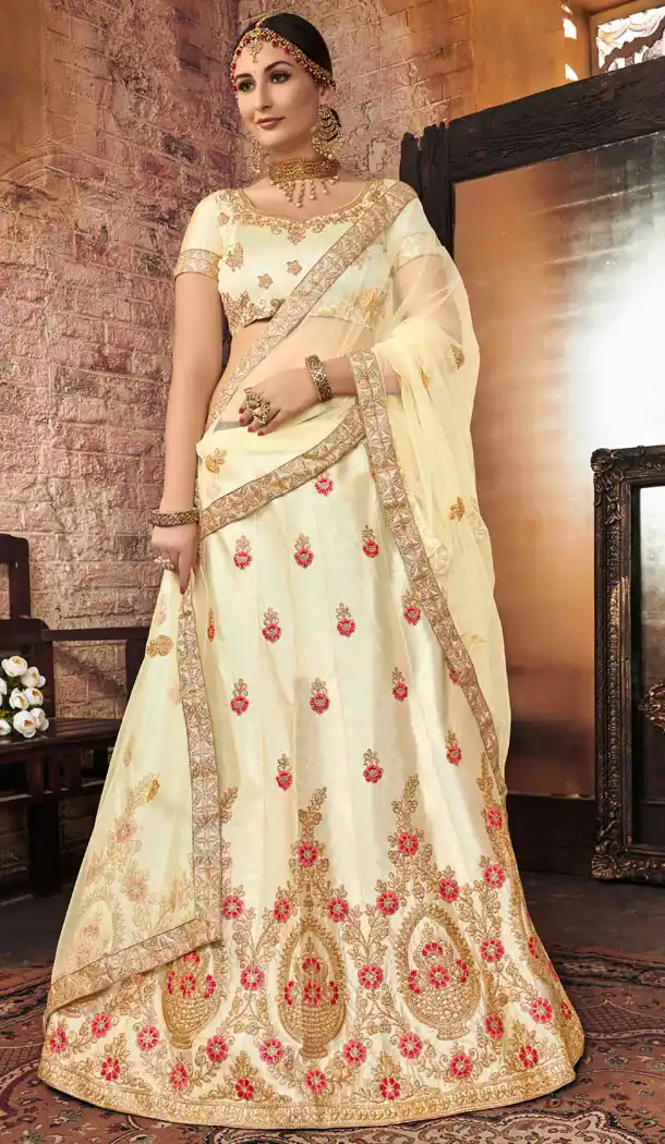 Dazzling Diva Cream Color Silk Treditional Party Wear Lehenaga Choli - 502561672