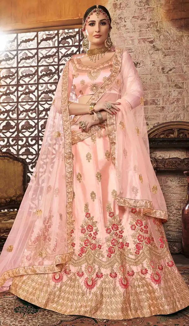 Fascinating Light Peach Color Silk Treditional Party Wear Lehenaga Choli - 502561675