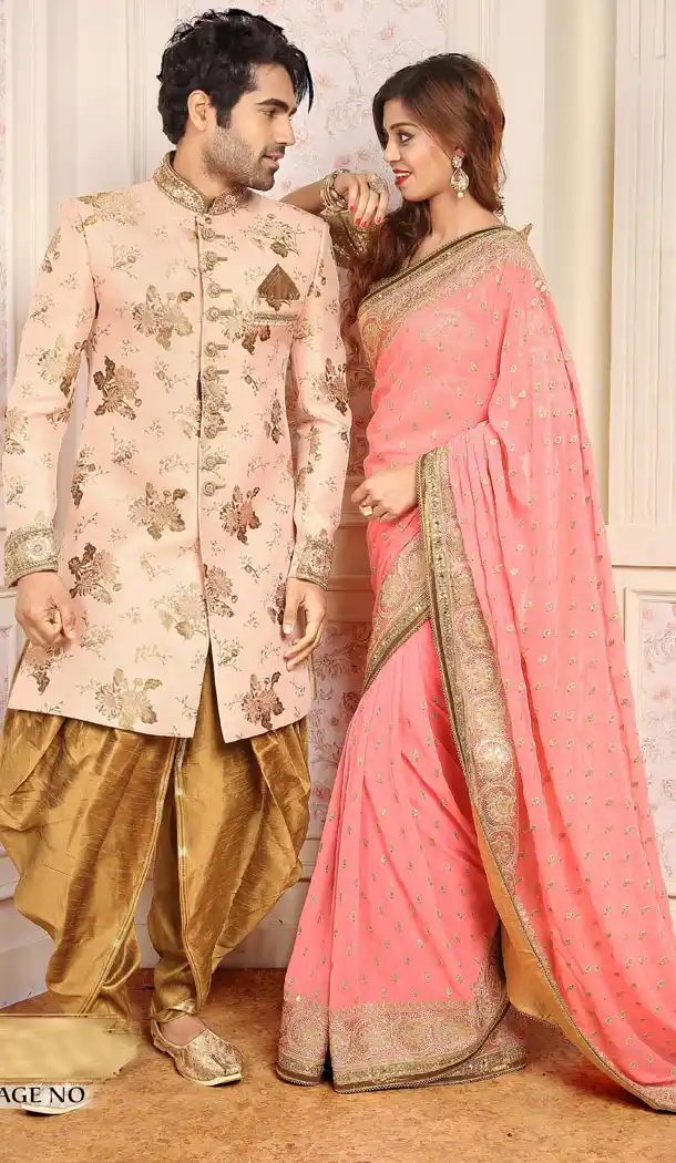 Cream Pink Color Jacquard Exclusive Ready made Indo Western Sherwani - 504661885