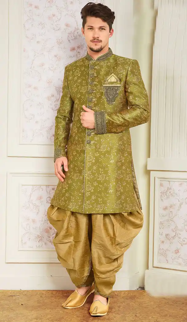 Mehendi Green Color Jacquard Exclusive Ready made Indo Western Sherwani - 504661886
