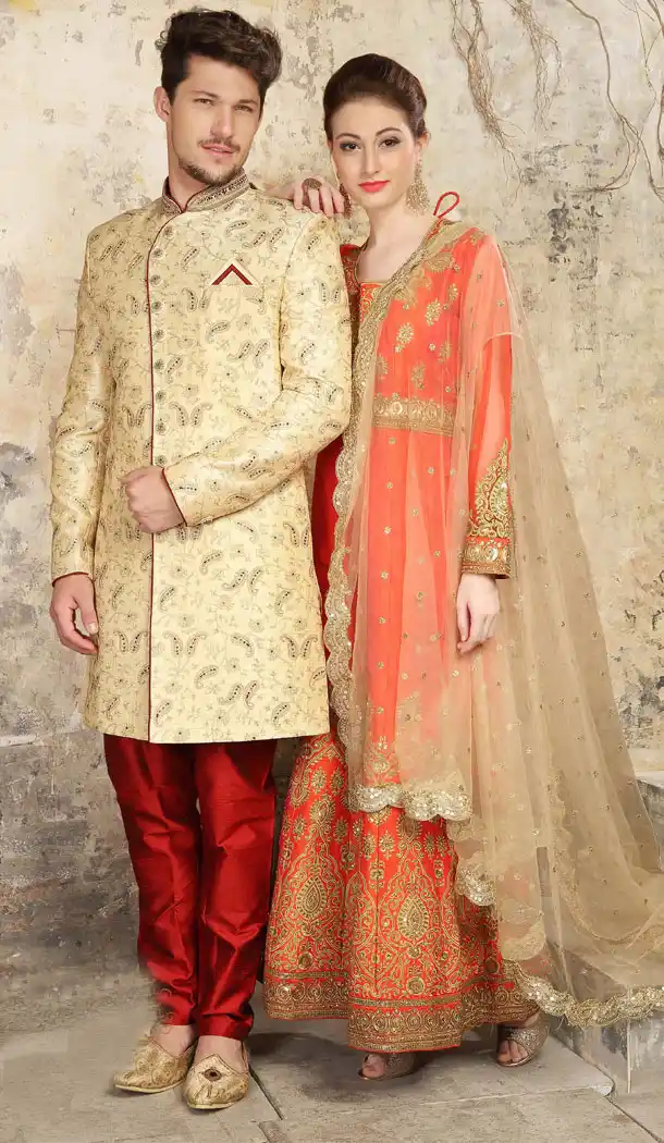 Cream Color Jacquard Exclusive Ready made Indo Western Sherwani - 504661887