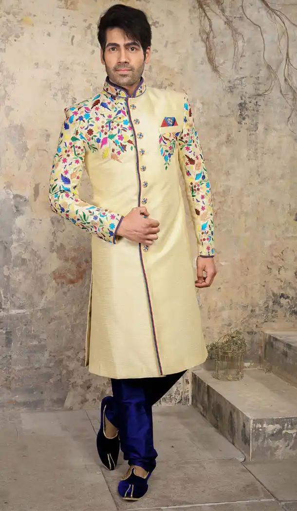 Dazzling Diva Cream Color Jacquard Exclusive Ready made Indo Western Sherwani - 504661889