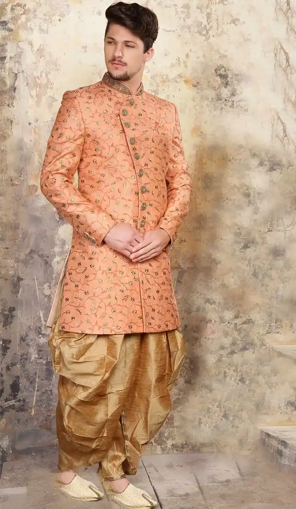 Coral Color Jacquard Exclusive Ready made Indo Western Sherwani - 504661890