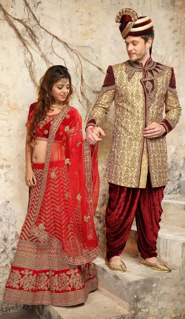 Beige And Maroon Color Jacquard Exclusive Ready made Indo Western Sherwani - 504661891