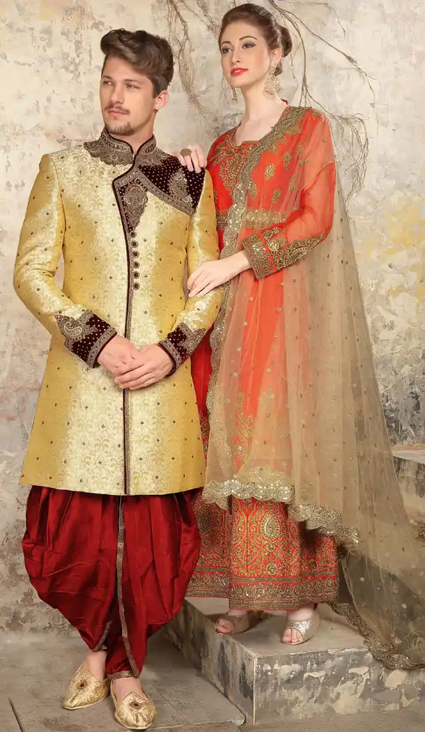 Gold Color Jacquard Exclusive Ready made Indo Western Sherwani - 504661892