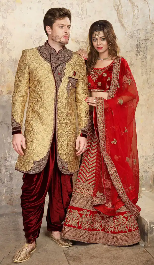 Beige And Maroon Color Jacquard Exclusive Ready made Indo Western Sherwani - 504661894