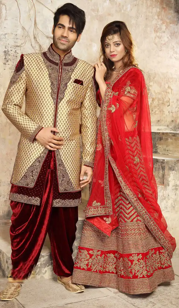 Contemporary Beige And Maroon Color Jacquard Exclusive Ready made Indo Western Sherwani - 504661895