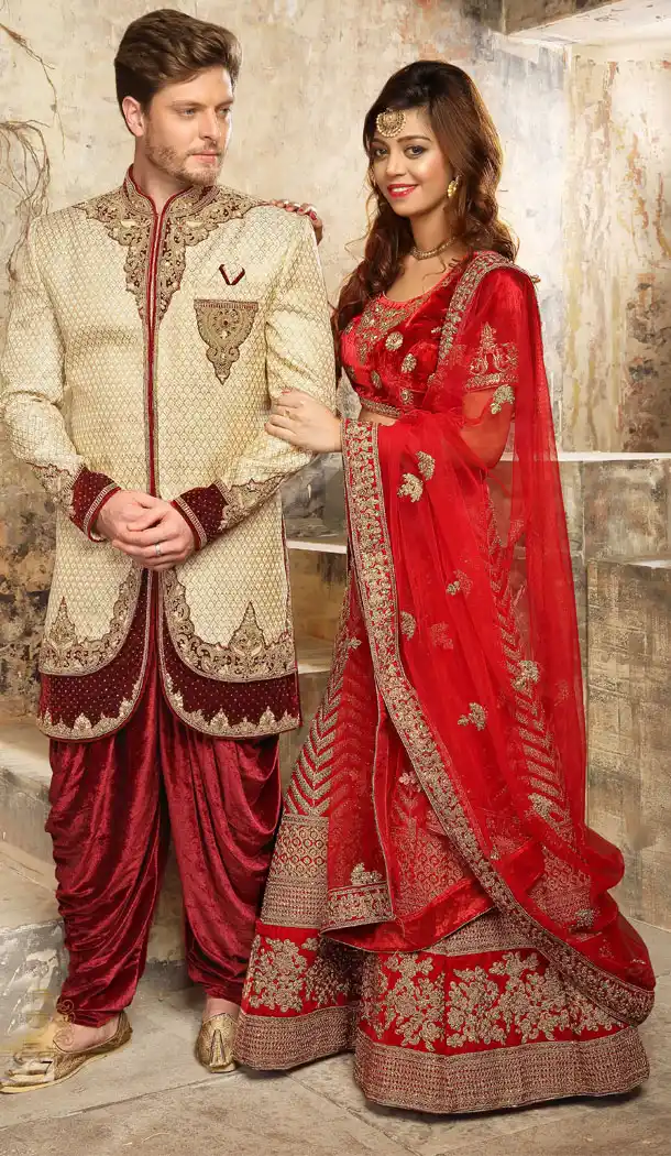 Gleaming Cream And Maroon Color Jacquard Exclusive Ready made Indo Western Sherwani - 504661897