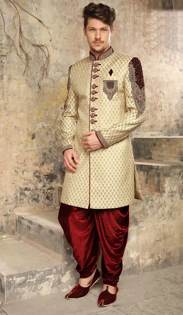 Beige Color Jacquard Exclusive Ready made Indo Western Sherwani - 504661900