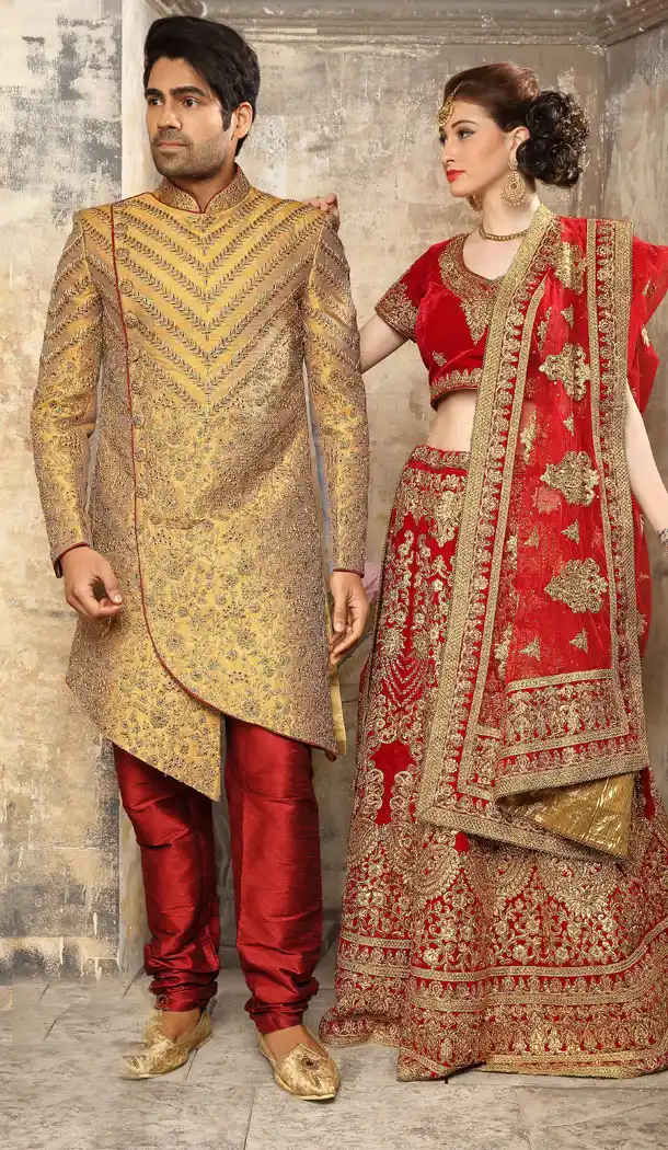 Golden Color Jacquard Exclusive Ready made Indo Western Sherwani - 504661901