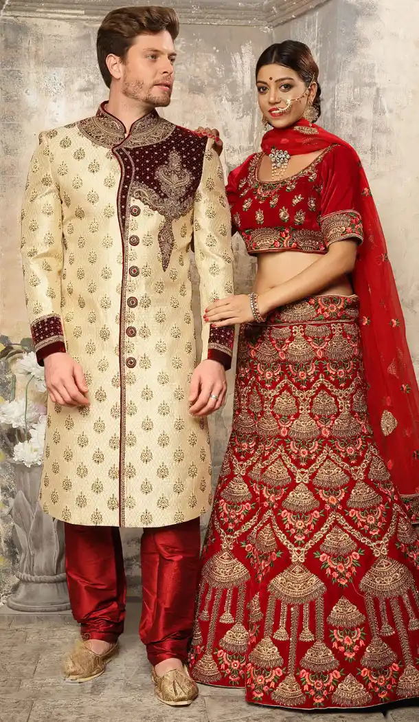 Contemporary Cream Color Jacquard Exclusive Ready made Indo Western Sherwani - 504661903