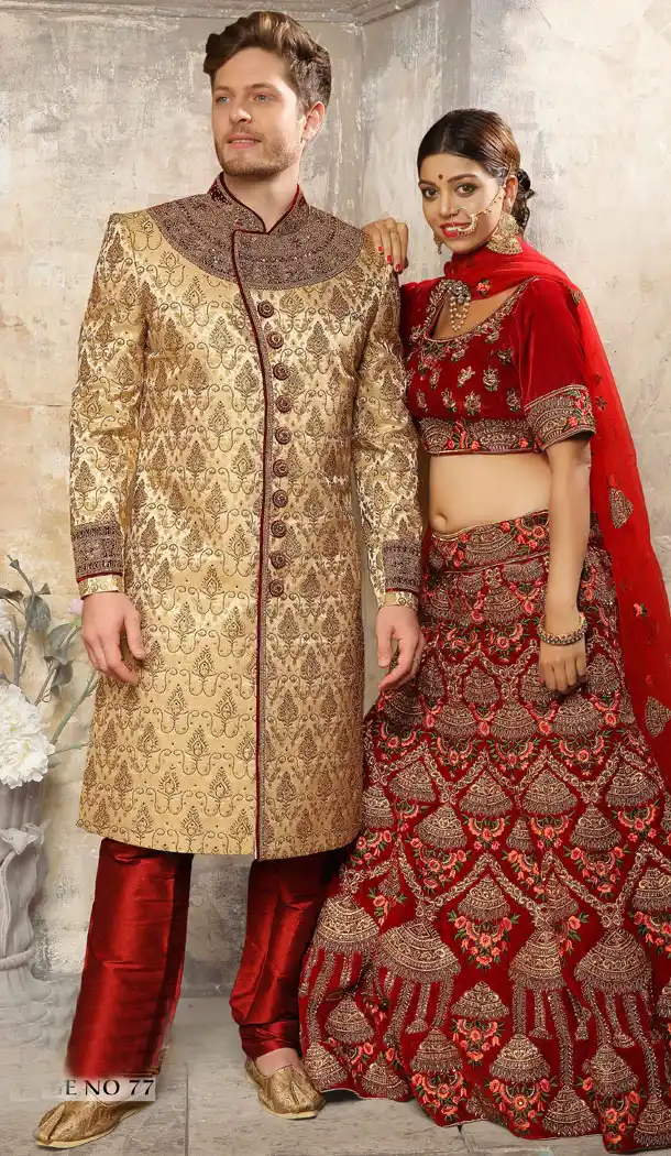 Tan Color Jacquard Exclusive Ready made Indo Western Sherwani - 504661905