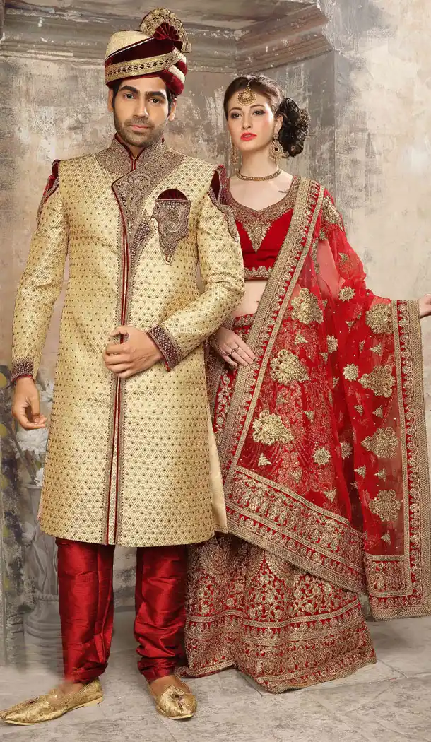 Flamboyant Cream Color Jacquard Exclusive Ready made Indo Western Sherwani - 504661906