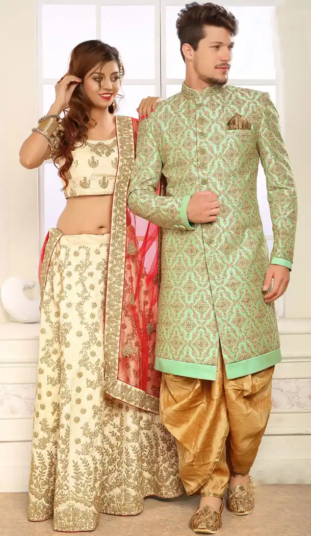 Elegant Pista Color Jacquard Exclusive Ready made Indo Western Sherwani - 504661908