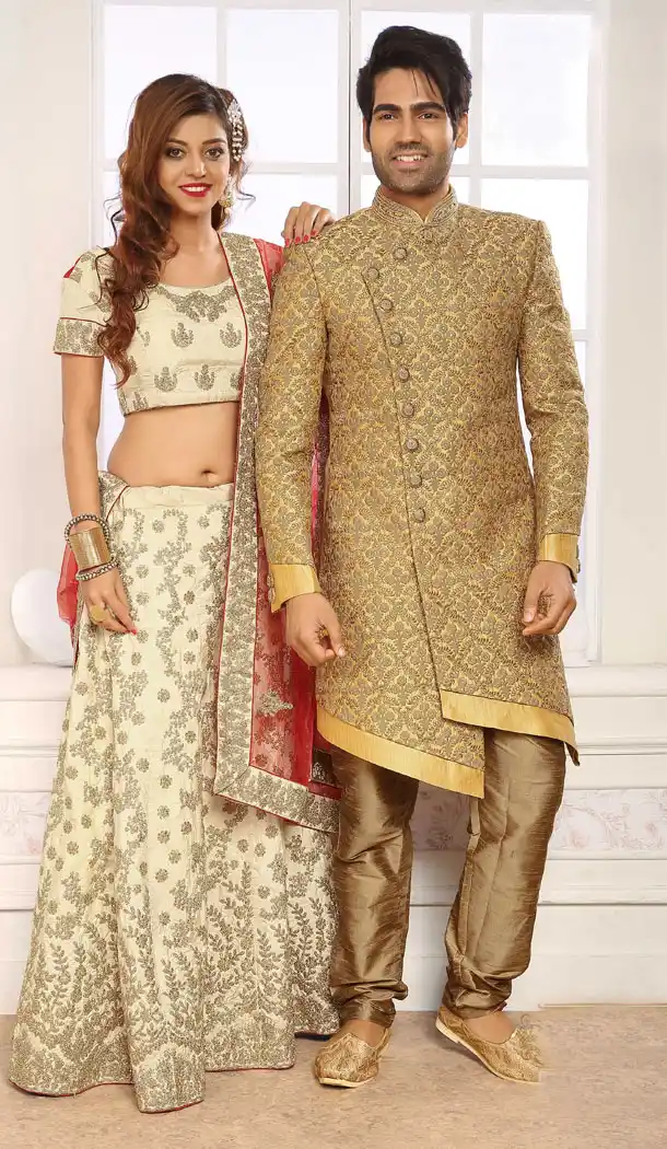 Cream Gold Color Jacquard Exclusive Ready made Indo Western Sherwani - 504661910
