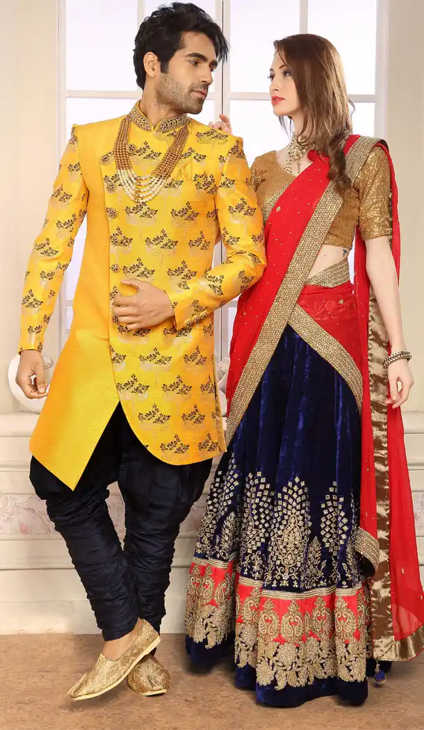 Yellow Color Jacquard Exclusive Ready made Indo Western Sherwani - 504661911