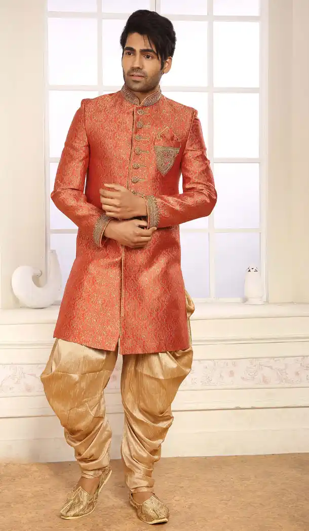 Coral Color Jacquard Exclusive Ready made Indo Western Sherwani - 504661913
