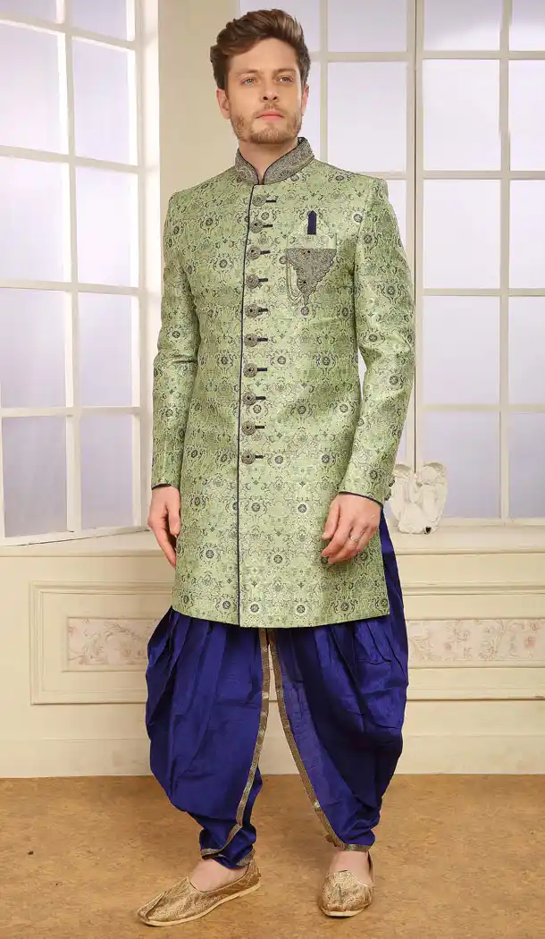 Green Color Jacquard Exclusive Ready made Indo Western Sherwani - 504661914