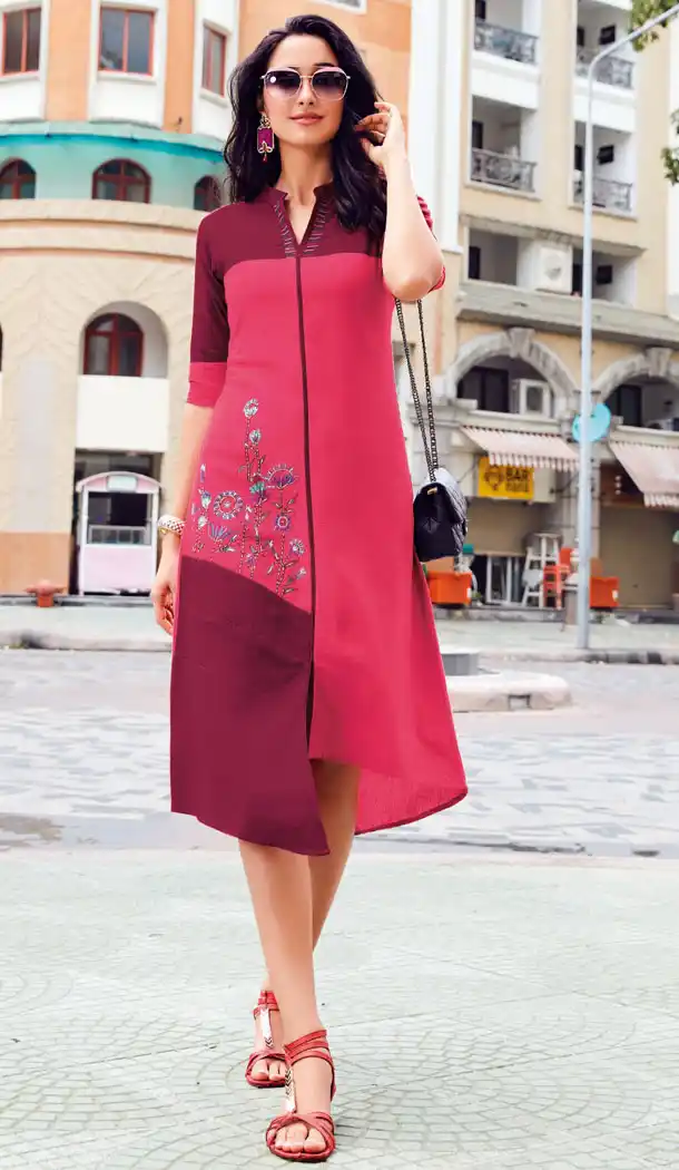 Pink And Maroon Cotton Flex Party Wear Readymade Tunic Top - 497561074