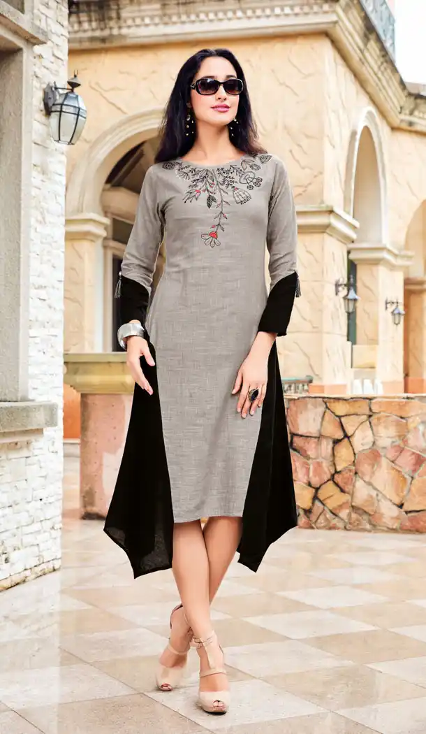 Alluring Grey Cotton Flex Party Wear Readymade Tunic Top - 497561076