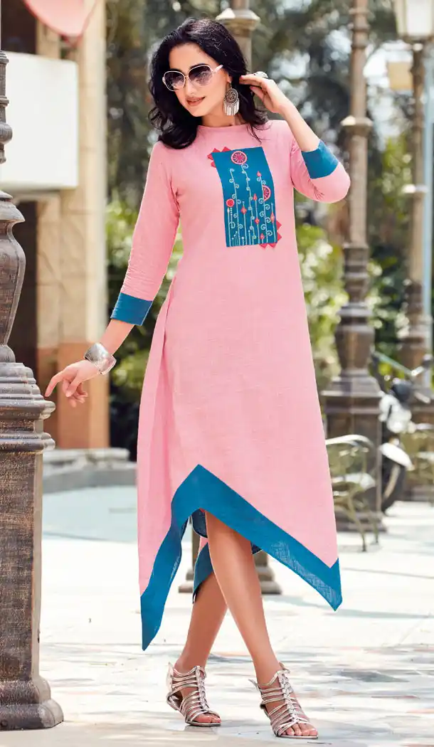 Ethnic Beige And Blue Cotton Flex Party Wear Readymade Tunic Top - 497561078
