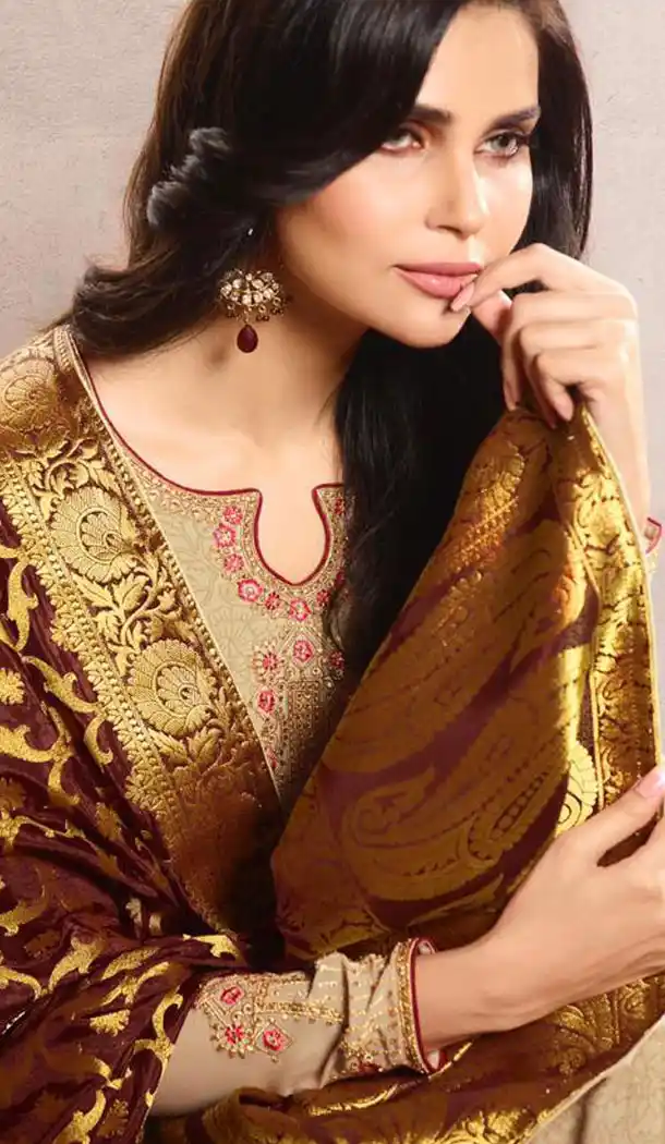 Beige Color French Crepe Silk Evening Party Wear Salwar Kameez - 501361468