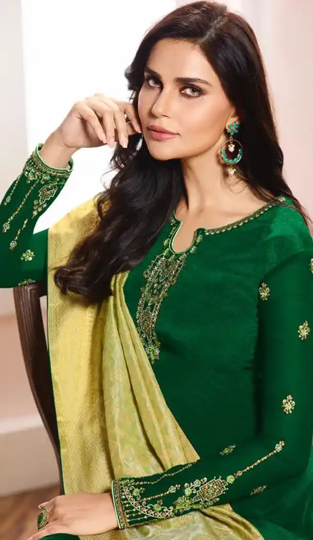Green Color French Crepe Silk Evening Party Wear Salwar Kameez - 501361470