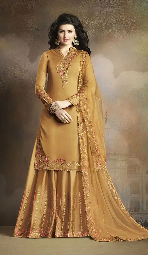 Musturd Yellow Color Soft Silk Pakistani Eid Special Palazzo Salwar Kameez - 64064265
