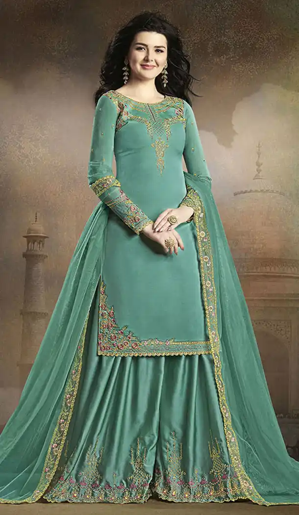 Turquoise Blue Color Soft Silk Pakistani Eid Special Palazzo Salwar Kameez - 64064269