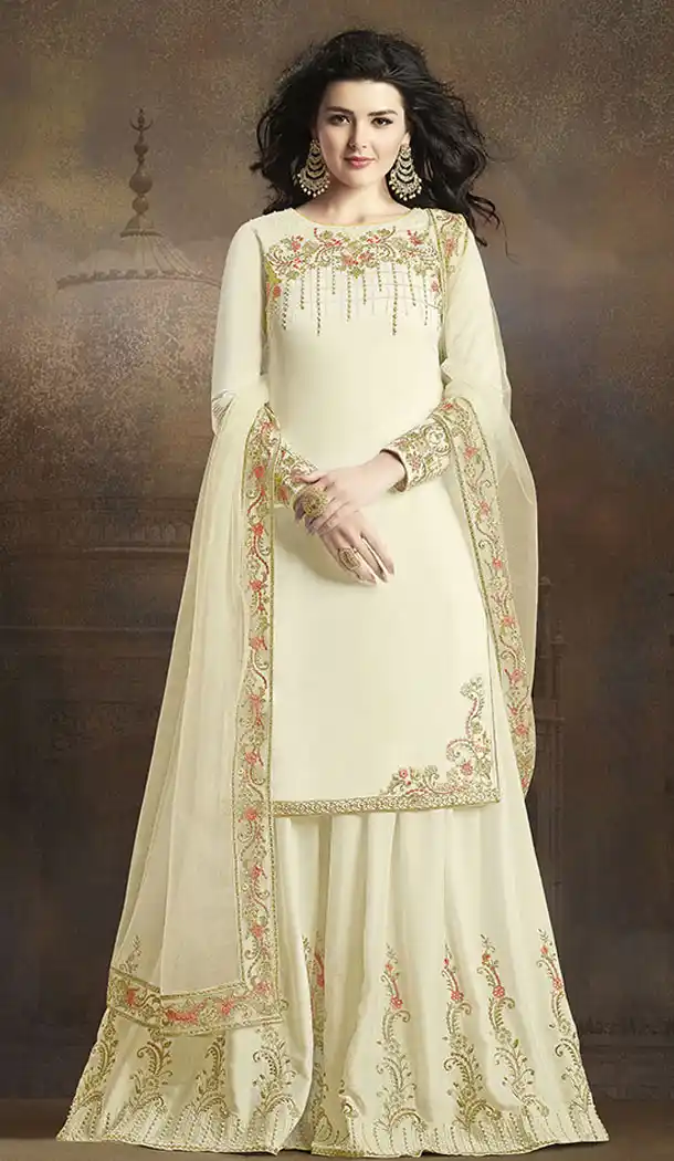 Off White Color Soft Silk Pakistani Eid Special Palazzo Salwar Kameez - 64064270