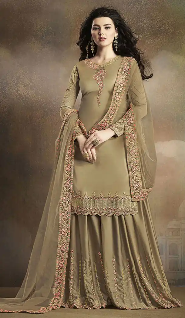 Beige Color Soft Silk Pakistani Eid Special Palazzo Salwar Kameez - 64064272