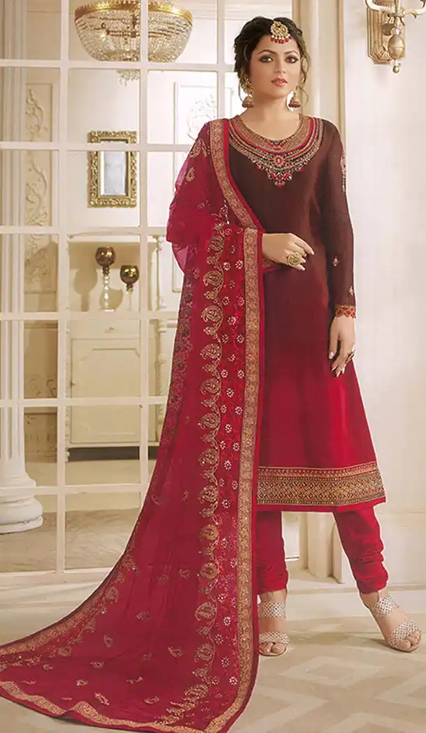 Brown And Red Color Georgette Actress Drashti Dhami Party Salwar Kameez - 64154353